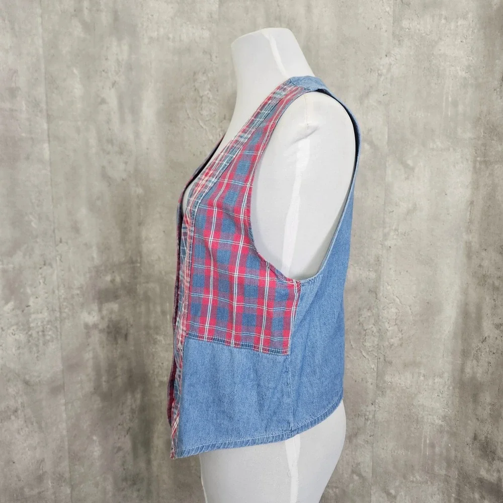 Vintage Stampede Denim Plaid Vest USA 90s Western Patchwork Button L - Picture 4 of 7